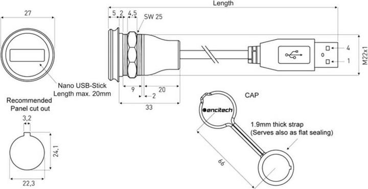 Actual product image Encitech USB 2.0 plug A chassis socket, installation 1310-1032-01 M22 1310-1032-01 I