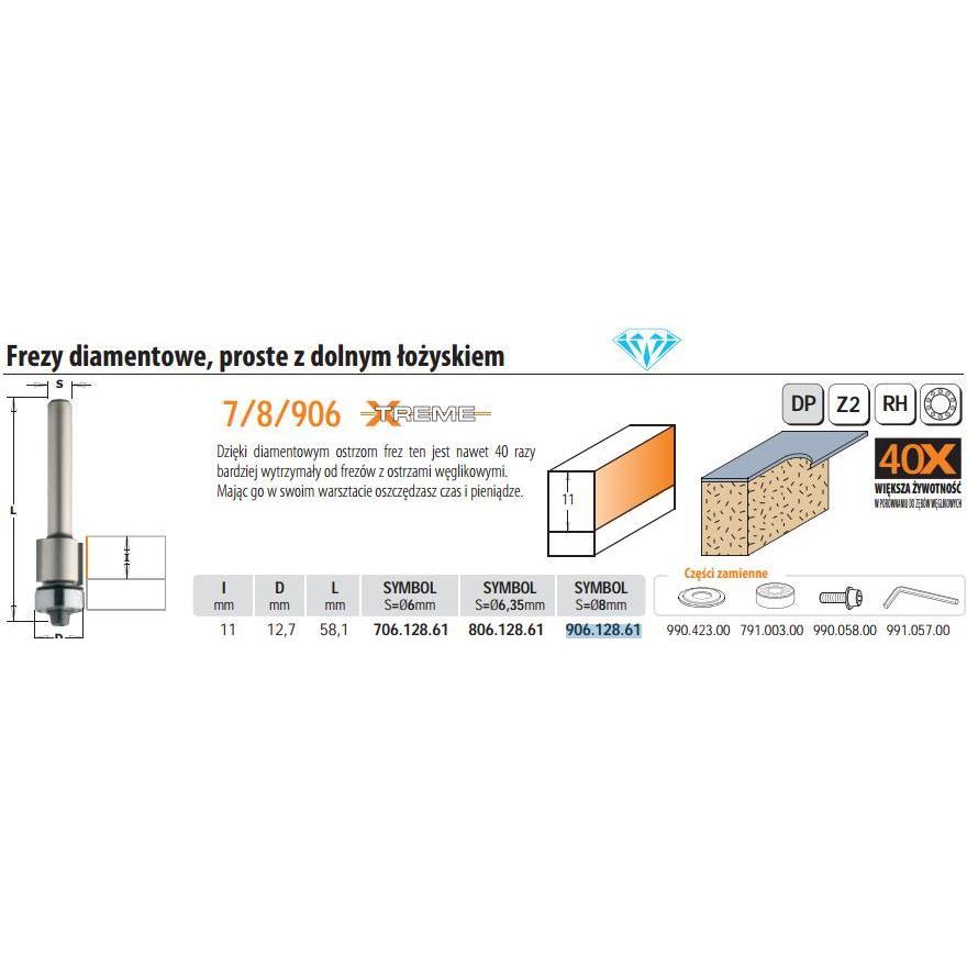 CMT, Punte per fresa, 906.128.61 Diamant-Spindelfräse mit Schaftführung 12,7 x 11 mm Schaft 8 mm