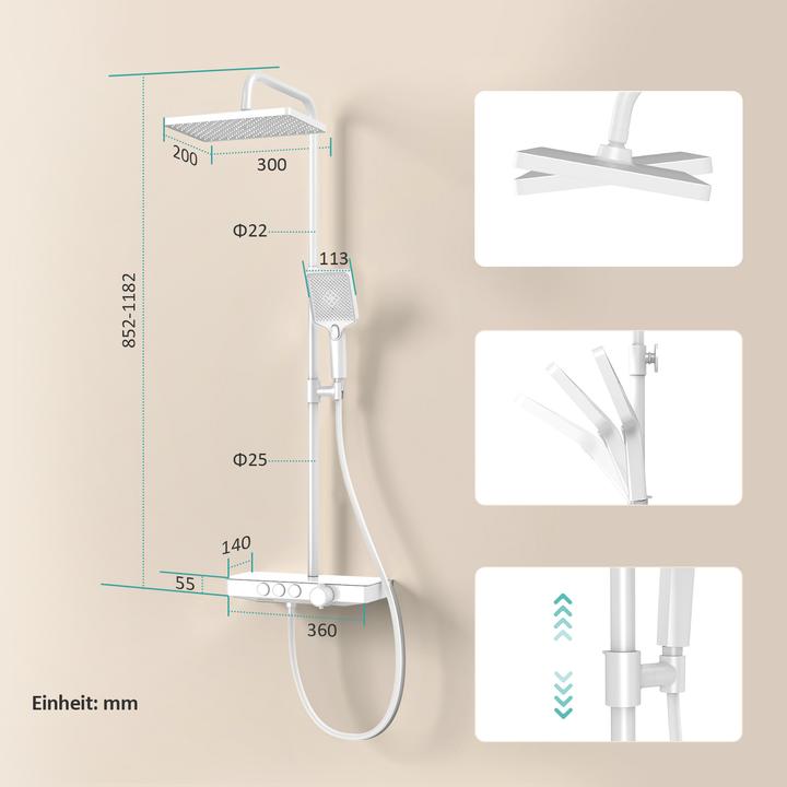 Produktbild Emke Duschsystem mit Thermostat, Handbrause + Regendusche(3 Strahlstärken) + Unterer Auslass, Weiss