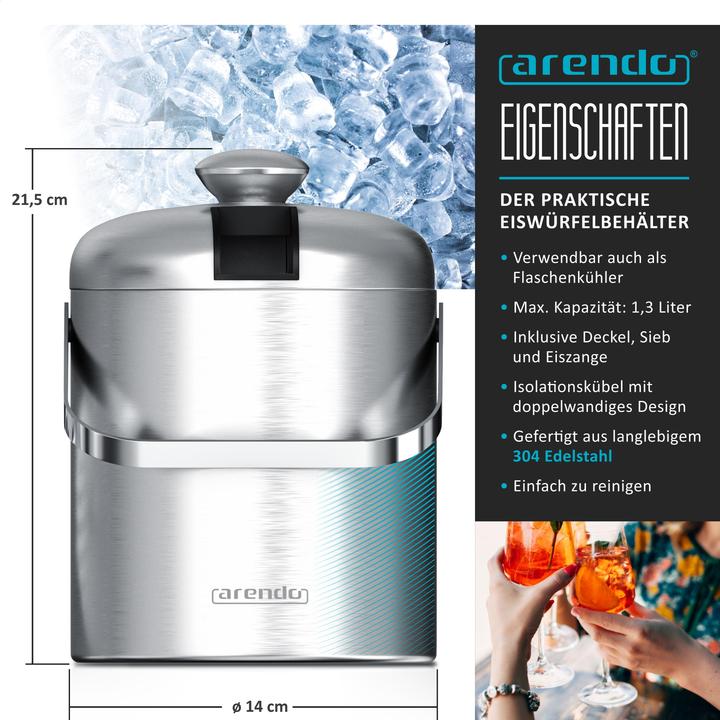 Image du produit Arendo Eiseimer, Eiswürfelbehälter mit Deckel, Edelstahl, 1,3 Liter, doppelwandig, Eiszange und Sieb