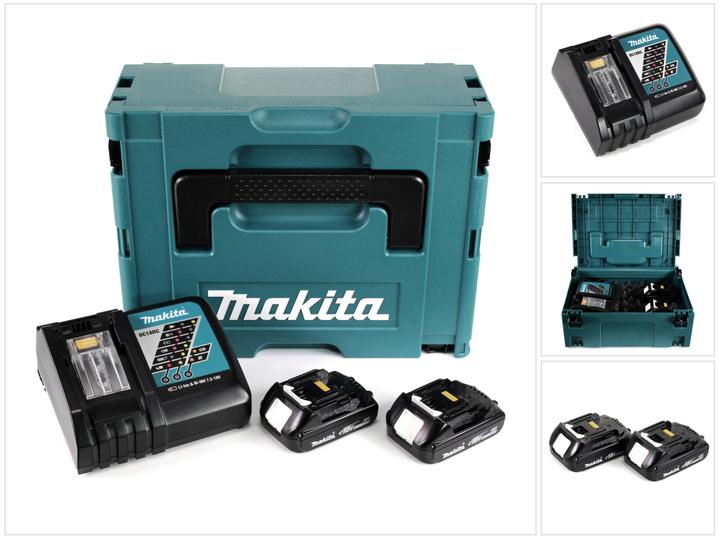 2x Makita BL1815N 1,5Ah accu, 1x Makita DC18RC oplader, 1x Makpac 2 met universeel inzetstuk