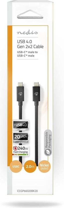 Actual product image Nedis USB cable | USB 4.0 Gen 2x2 | USB-C™ plug | USB-C™ plug | 240 W | 8K@60Hz | 20 Gbps | Ve (2 m, USB 4.0, 240 W)