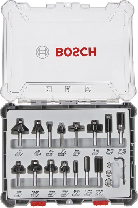 Image du produit Bosch Professional Zubehör Jeu de 15 fraises, queue de 8 mm pour fraiseuses à main
