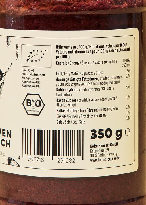 Nutritional values and ingredients KoRo Organic spread with black olives (350 g)