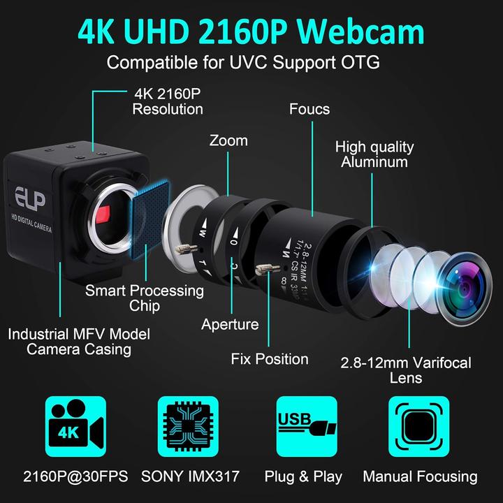 Actual product image ELP 4K Ultra HD Webcam mit Zoom-Objektiv (5-50mm)