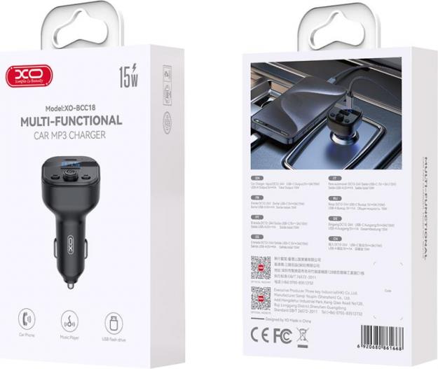 Actual product image xO Bluetooth FM Transmitter and Car Charger BCC18, 1 x USB-A - 1 x USB-C, Black