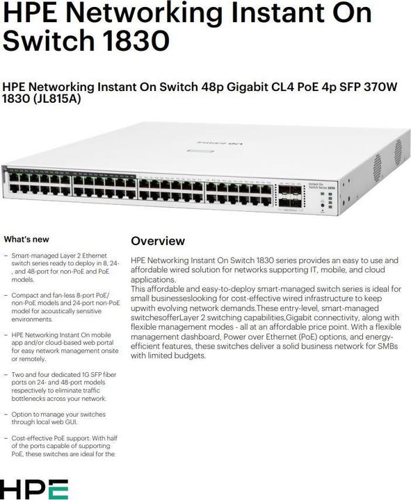 Actual product image HPE Aruba ION 1830 24p Cl.4 PoE 4SFP Switch JL815A (52 ports)