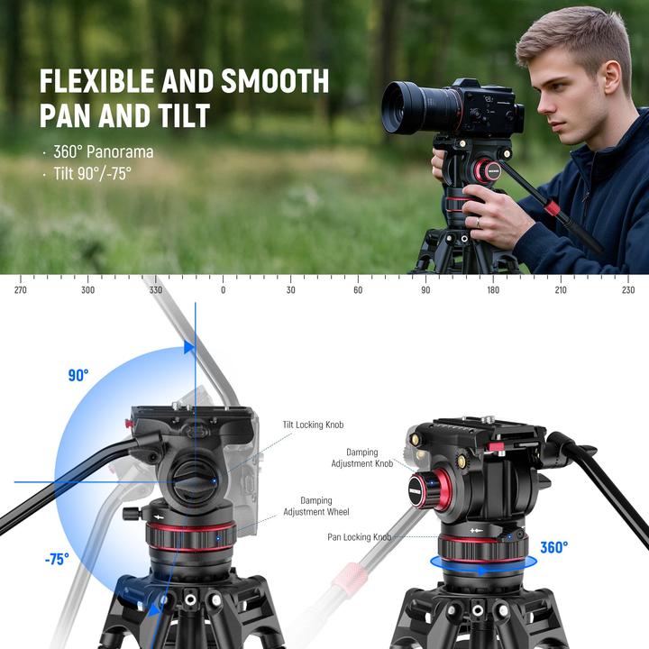 Actual product image Neewer Carbon Fiber One-Step Locking Tripod With Adjustable Damping Fluid Head (Carbon)