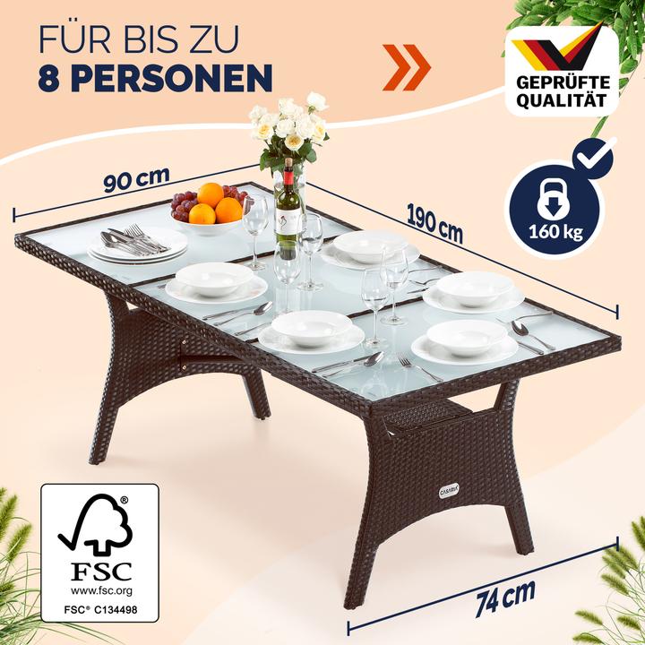 Produktbild Casaria Polyrattan Gartentisch Glas (190 x 90 x 74 cm)