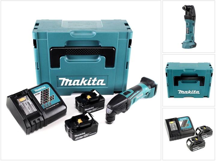 1x Makita DTM 50 Akku-Multifunktionswerkzeug Solo, 2x Makita BL1830 B 3,0 Ah Akku, 1x Makita DC18RC Ladegerät, 1x Makita Makpac 2 mit Schaumstoffeinlage, 1x Imbusschlüssel 5