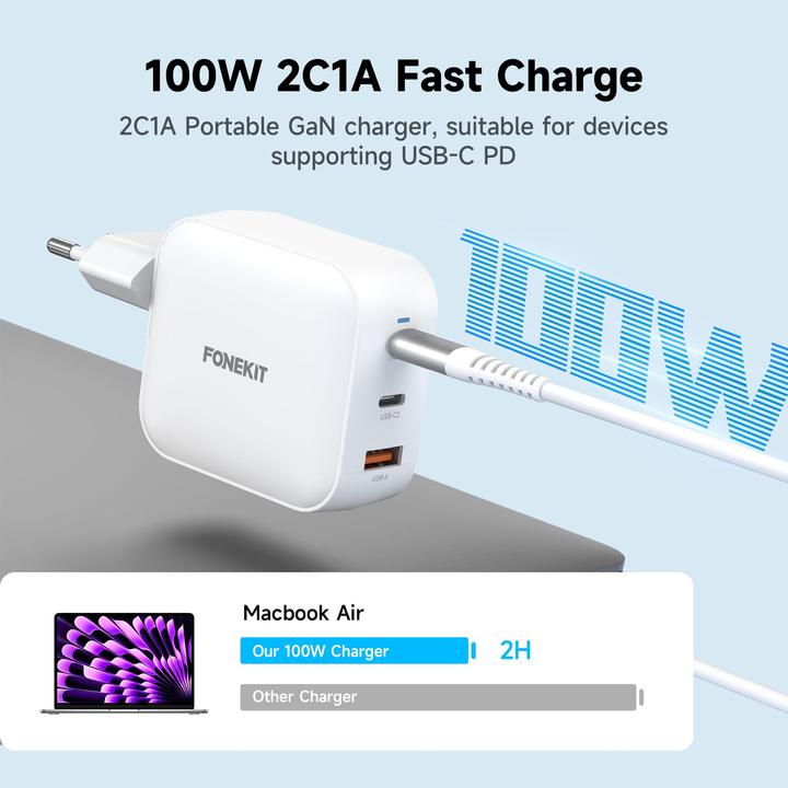 Produktbild FoneKit GaN PD 100W Power Adapter, USB-C + USB-C + USB-A, white (100 W, 3 Ports)