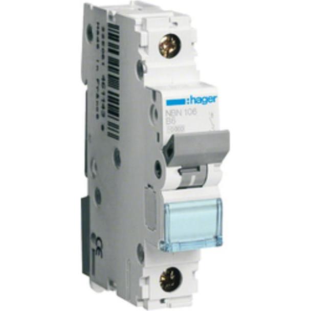 Hager, Schutzschalter, NBN106. Anzahl der Pole: 1P. AC Eingangsfrequenz: 50/60 Hz, Nominale Stromabgabe: 6 A. Breite: 17...