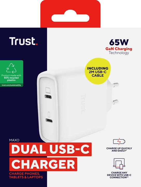 Productafbeelding Trust MAXO 65W 2P USB-C GAN CHARGER W (65 W, 2 ports)