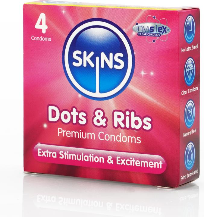 Image du produit Skins Dots & Ribs" 4 préservatifs côtelés/à picots en latex cristallin - sans odeur de latex (4 pcs)