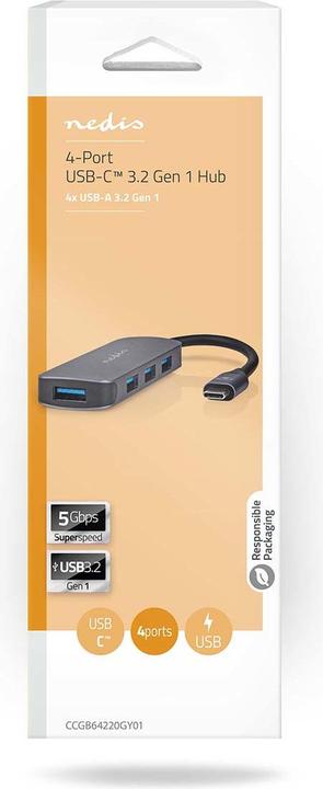 Actual product image Nedis USB hub 1x USB-C™ - 4x USB A, 4-port port(s), USB 3.2 Gen1, powered via USB, 5 Gbps (USB-C, 4 Ports)