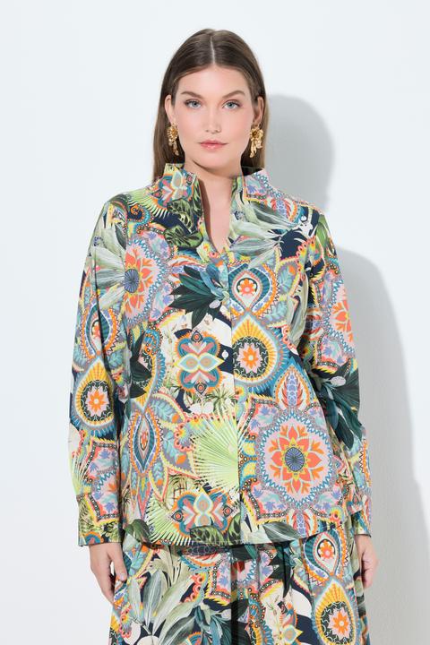Actual product image Ulla Popken Printed Long Sleeve Goblet Collar Button Down Blouse (62)