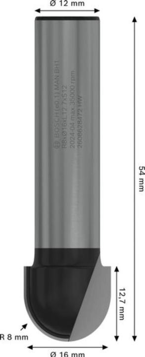 Produktbild Bosch Professional Zubehör Hohlkehlfräser, 12 mm, R1 8 mm, D 16 mm, L 12,7 mm, G 54 mm