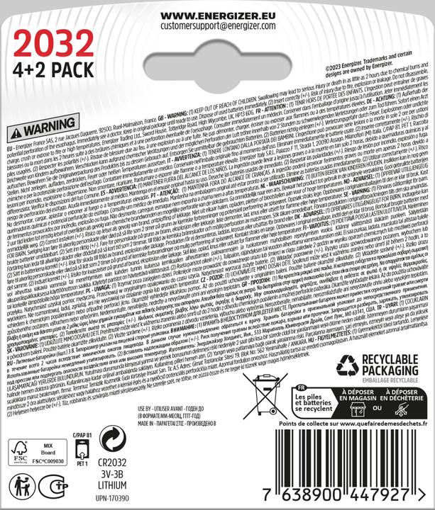 Immagine prodotto Energizer Pile a bottone 2032 E303945700 Litio 4+2pz. (10 pz., CR2032)