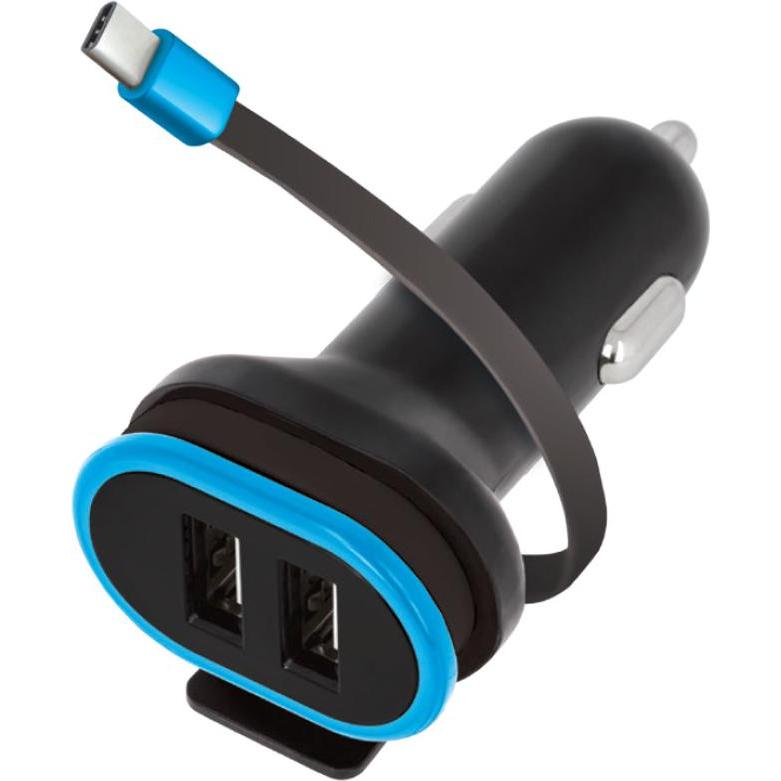 Forever CC-02 Autoladegerät 2x USB 3A schwarz mit USB-C Kabel 0,2 m, Auto Adapter, Schwarz