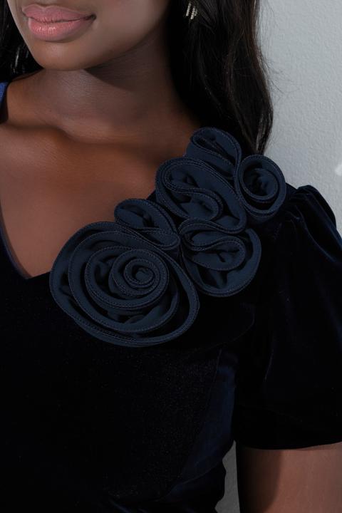Produktbild Ulla Popken Samtkleid, körpernah, 3D-Rosen, Puff-Halbarm (48)