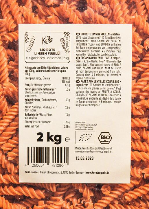 Nutritional values and ingredients KoRo Organic red lentils (2000 g)