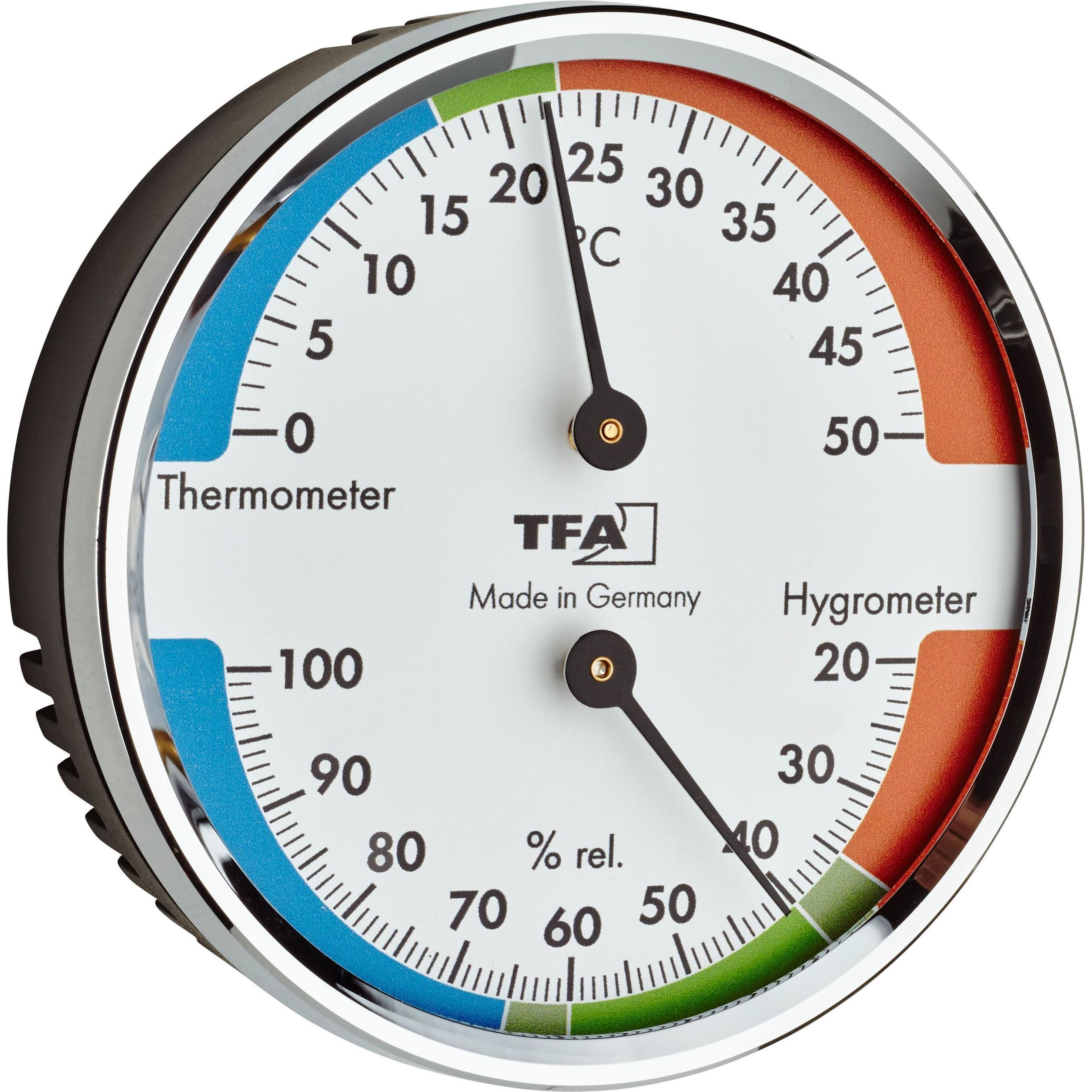 TFA Analog mit Metallring, Thermometer + Hygrometer, Weiss, Silber