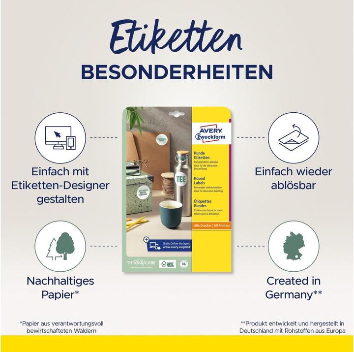 Produktbild Avery Zweckform Kennzeichnungsetiketten, Durchmesser: 80 mm weiss, rund, wiederverwendbar, Papier blanko