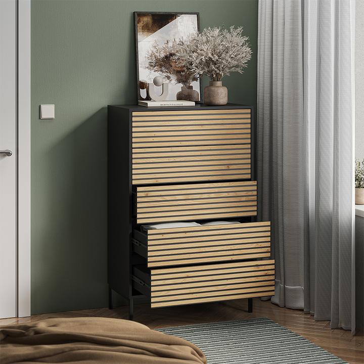 Image du produit Vicco Kommode Eliza, Schwarz/Eiche, 76 x 120 cm mit 5 Schubladen