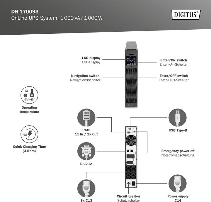 Actual product image Digitus OnLine UPS system, 1000 VA / 1000 W (1000 VA, 1000 W, Online double converter UPS)