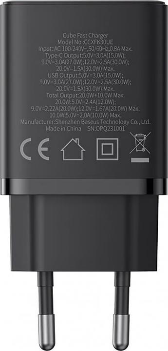 Produktbild Baseus Cube, 30W, 2.4A, 1 x USB-A - 1 x USB-C, schwarz (30 W, 2 Ports)