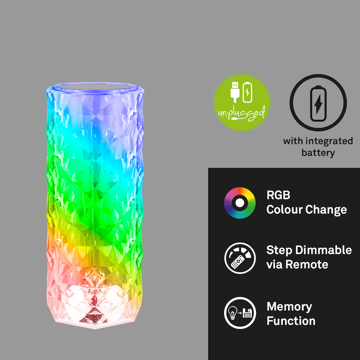 Immagine prodotto Briloner Lampada da tavolo ricaricabile a LED RGB, aspetto cristallino, trasparente, 1xLED/2.3W (65 lm)