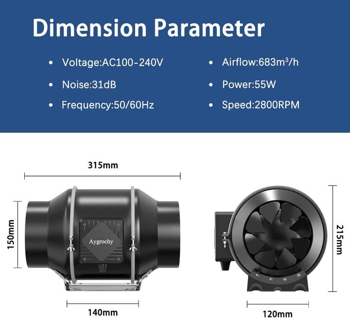 Produktbild Aygrochy Regelbar Rohrventilator 150mm (31 dB)