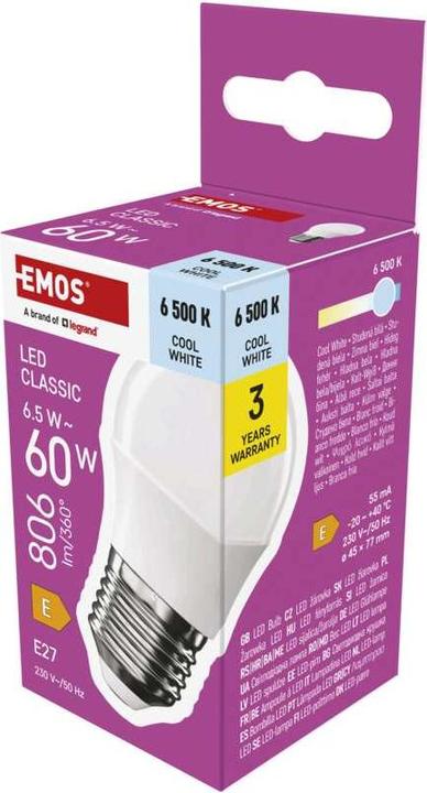 Produktbild Emos LED Lampe Classic Mini Globe / E27 / 6,5 W (60 W) / 806 lm / Kalt-Weiss (E27, 806 lm, 1 x)
