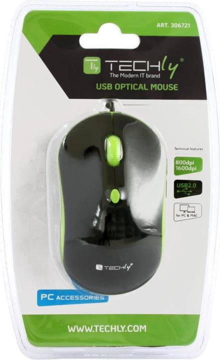 Actual product image Techly USB Optical Mouse 800-1600 dpi Black / Green IM 1600-WT-BG (Cable)
