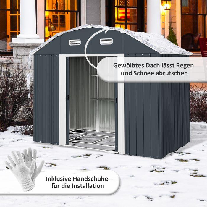 Actual product image Swisshandel24 Gerätehaus Stahl 2,7m² UV-Schutz 2 Schiebetüren Regal Fundament Dunkelgrau 238x132x198,5cm