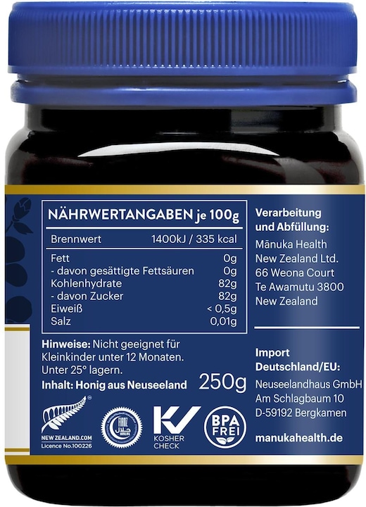 Nutritional values and ingredients Manuka Health MGO 100+ Manuka Honey (250 g)
