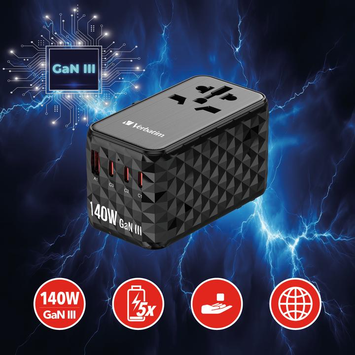 Productafbeelding Verbatim GaN III Uni.Travel Adap 140W wereld-tot-wereld UTA-10 32125 (140 W)