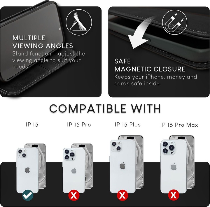 Produktbild Nalia Echt Leder Flip Case Hülle mit Magnetverschluss (Apple iPhone 15)