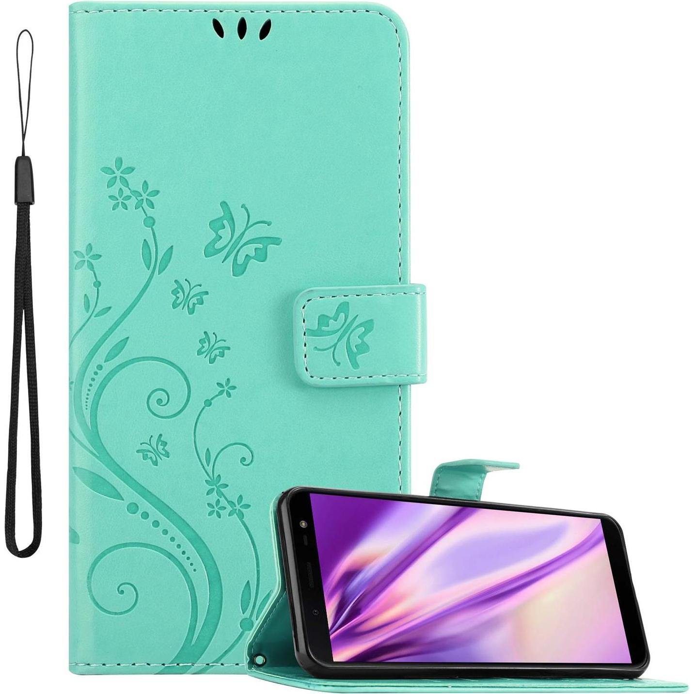 Cadorabo Flower Book Cover (Samsung Galaxy J6 (2018)), Smartphone Hülle, Türkis