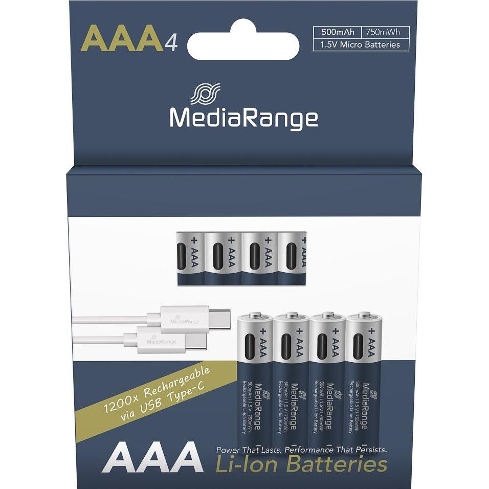 Thumbnail - MediaRange USB-C Li-Ion Akku Micro AAA/LR03/1,5V/500mAh, 4er Pack (4 Stk., AAA, 500 mAh), Batterien + Akkus