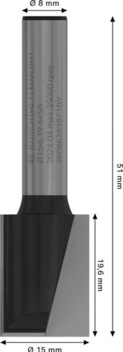Produktbild Bosch Professional Zubehör Nutfräser, 8 mm, D1 15 mm, L 19,6 mm, G 51 mm. Für Handfräsen