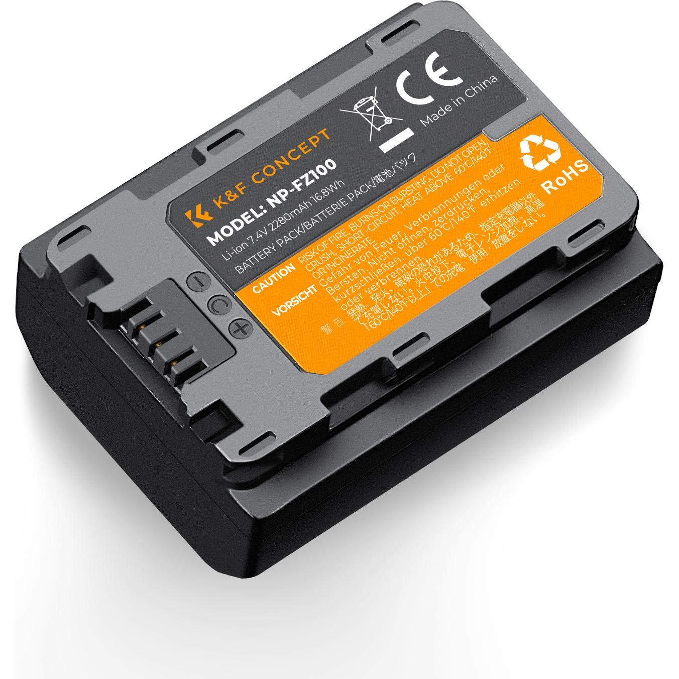 K&F Concept Batteria per fotocamera digitale NP-FZ100 2280mAh (1 pz), per fotocamera Sony (Batteria della fotocamera), Alimentatore fotocamera