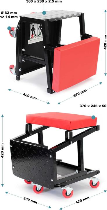 Image du produit Wiltec Tabouret escabeau de mécanicien Servante d’atelier mobile sur roulettes 160kg Plateau outils