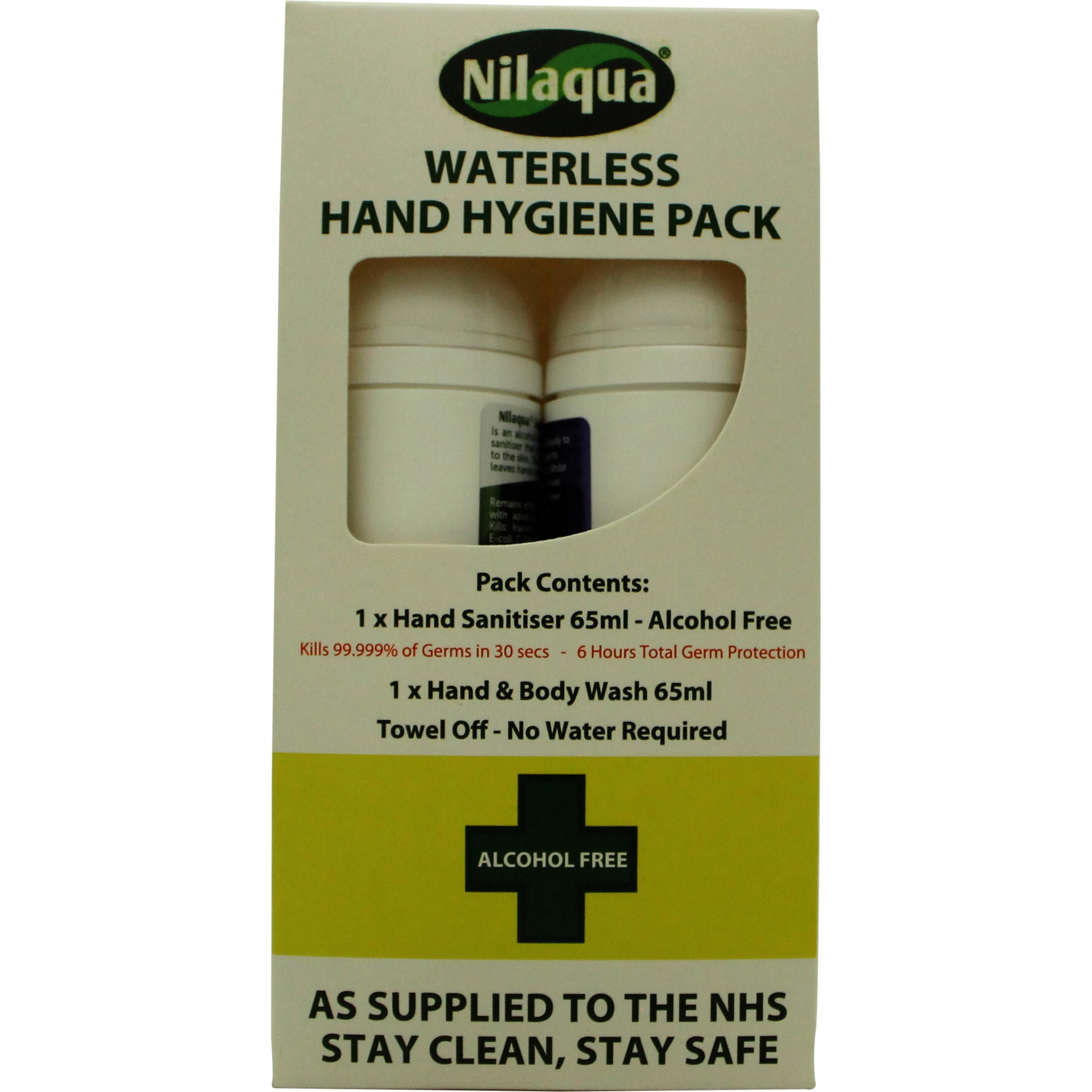 Nilaqua, Set regalo bellezza, Waterless Hand Hygiene Pack 65ml Hand Sanitiser + 65ml Hand Wash (Set per la cura del corpo)