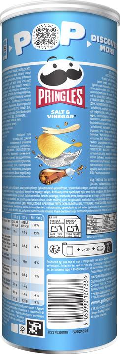 Actual product image Pringles Salt & Vinegar 165g stacked crisps with salt and vinegar flavour. Suitable for vegetarians. (165 g)