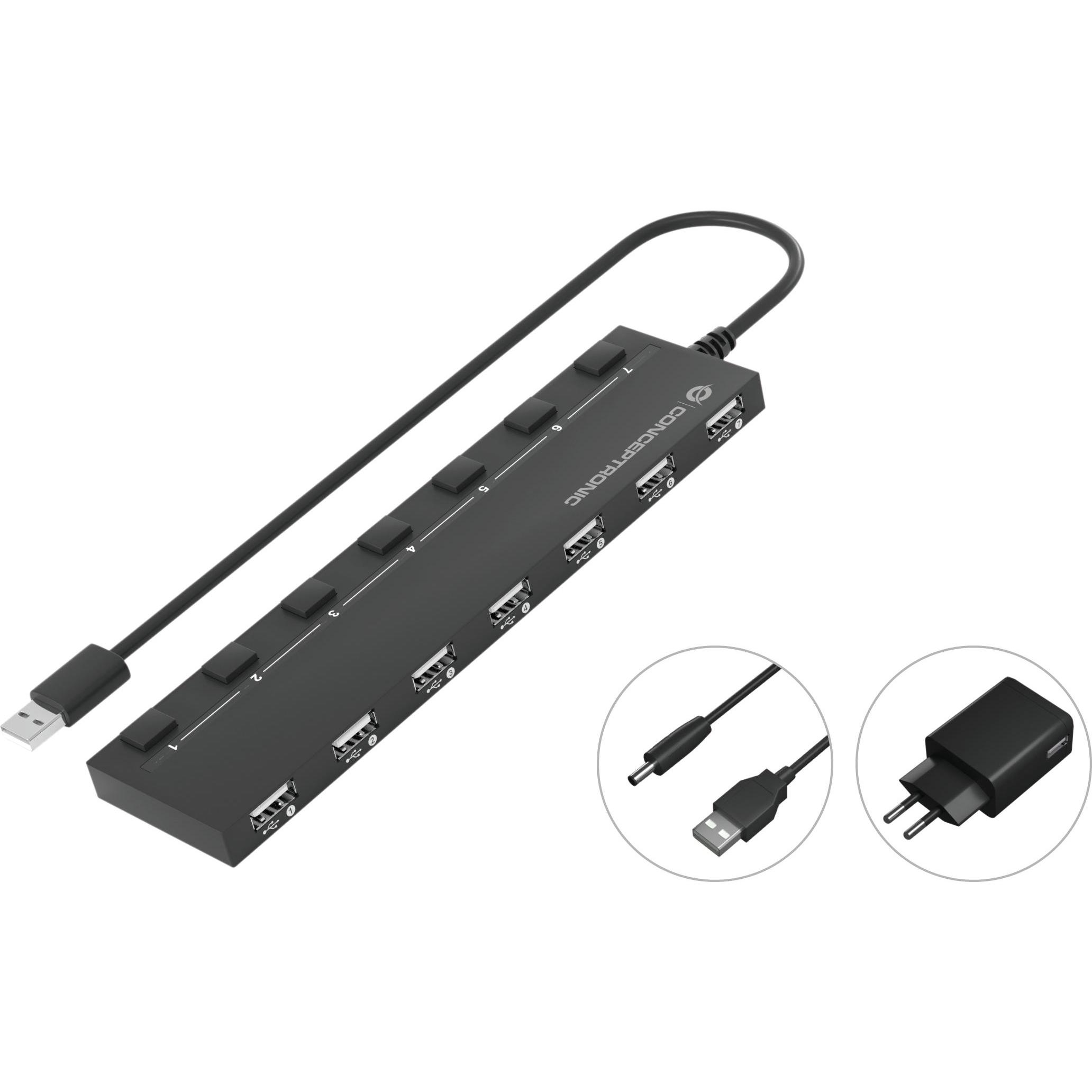 Conceptronic Usb-Hub (USB-A, 7 Ports), Dockingstation + USB Hub, Schwarz