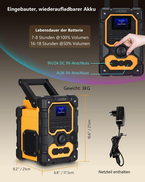 Actual product image Ueme Baustellenradio mit Bluetooth und Powerbank (DAB+, FM, Bluetooth)