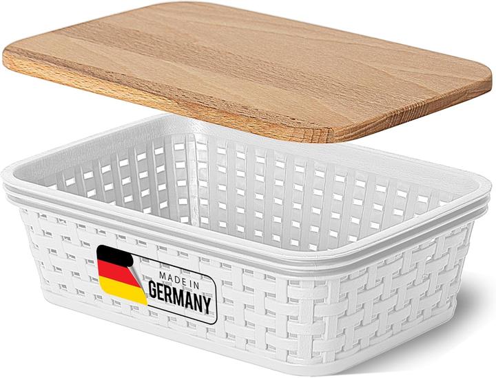 Actual product image Novaliv Aufbewahrungsbox mit Holzdeckel Mini 1L Korb Weiss in Rattan Design Lebensmittelecht Aufbewah (20 x 14 x 7 cm, 1 l)