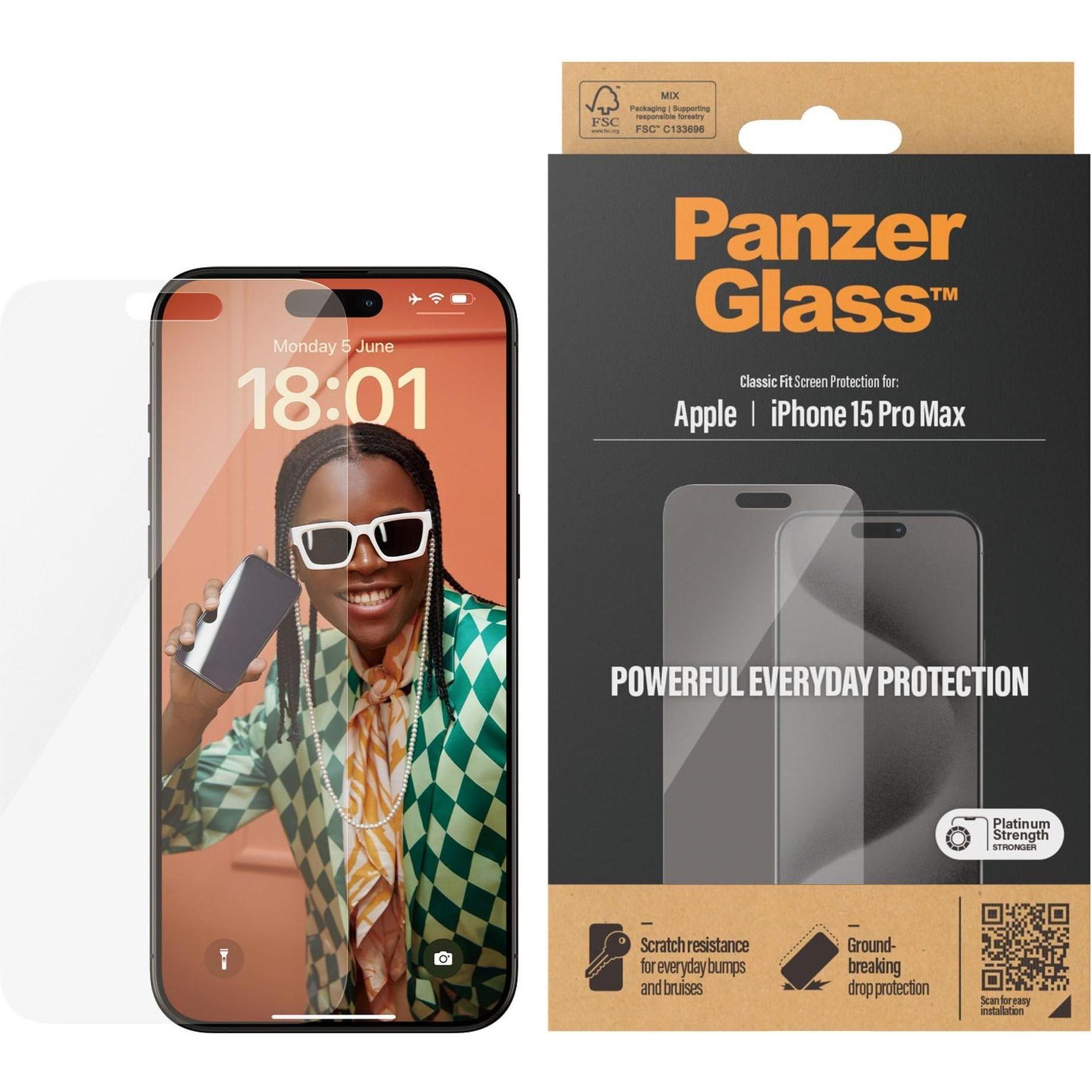 PanzerGlass Screen Protector Classic Fit (1 Stück, Apple iPhone 15 Pro Max), Smartphone Schutzfolie, Transparent