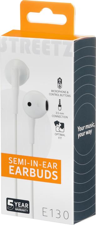 Actual product image Deltaco E130 Semi-in-ear earbuds, answer button, 3.5mm, mic, white (Cable)